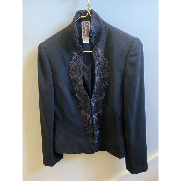 Vintage Black with Beaded Floral Lapel Snap Button Jacket/Blazer Size 8 - Picture 2 of 7